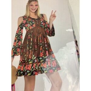 Adults Flower Power Hippie Dress w/Headband Halloween Costume Size S 2-4